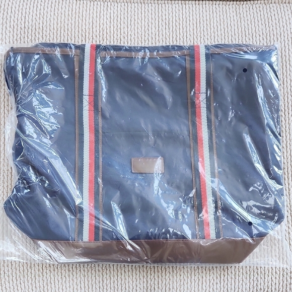Handbags - Navy and Brown Tote Bag, 19"x16"x 8", New